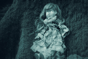 Obraz premium A horror concept of a possessed doll, with glowing eyes. Sitting in a forest. With a grunge, vintage edit.