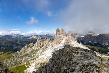 Fototapeta na wymiar Amazing alpine scenery, Dolomites mountains on Nuvolau mountain. Alps, Northern Italy
