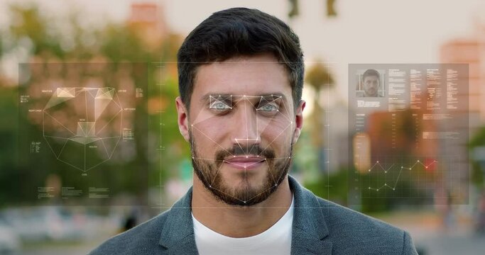 Biometric Facial Recognition System Scanning Man Face Creating Track Points. Authentication Granted. Future Security User Information Protection. Digital technology, Artificial Intelligence.