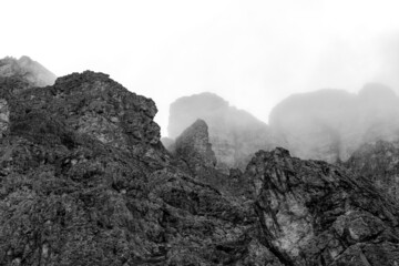 Black and White image of  Mount Nuvolau, the path to the Cinque Torri. Nuvolau, Dolomites Alps, Italy