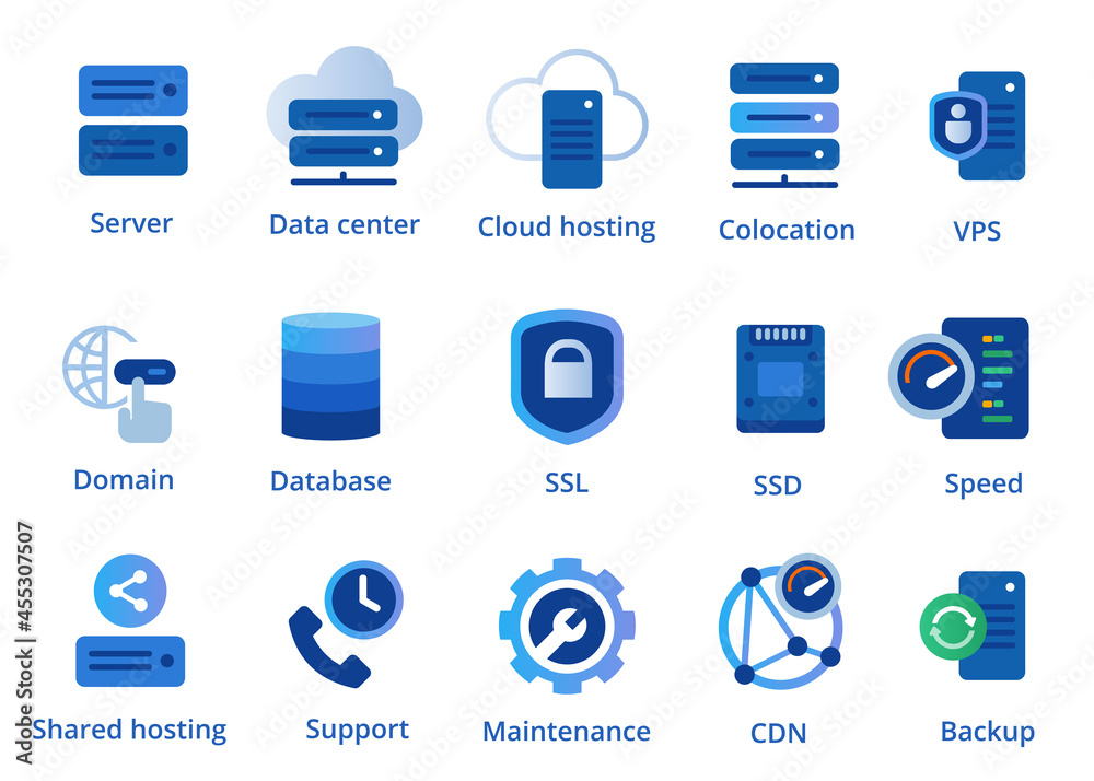 Aufkleber web hosting service icon set from colocation server vpn shared to cdn and ssl