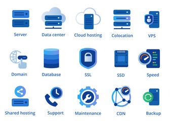 web hosting service icon set from colocation server VPN shared to CDN and SSL - obrazy, fototapety, plakaty