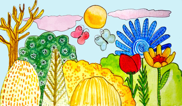Paesaggio astratto con fiori e piante colorati