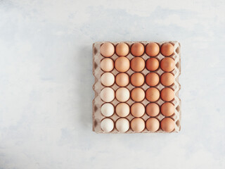 top view of brown eggs in a in a cardboard packaging tray in a symmetrical arrangement by gradient colors