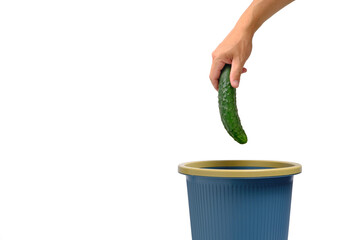 Spoiled cucumber is thrown into trash, on white background, isolate.