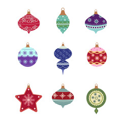 A set of festive Christmas toy. Green, red, blue, gold, in the striped, snowflakes, stars. For decoration, packing in vector.