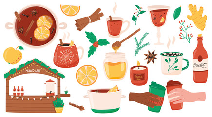 Mulled wine vector collection for Christmas and winter holidays. Hot beverage with anise, clove spice, cinnamon and honey.  - obrazy, fototapety, plakaty