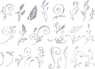 手描きのシルバーのツタ模様セット　ベクター素材