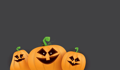 Halloween Horizontal web Banner or poster with Halloween scary pumpkins isolated on grunge grey wall background. Funky kids Halloween background with space for text and funny pumpkins