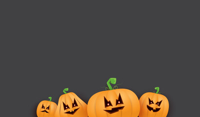 Halloween Horizontal web Banner or poster with Halloween scary pumpkins isolated on grunge grey wall background. Funky kids Halloween background with space for text and funny pumpkins