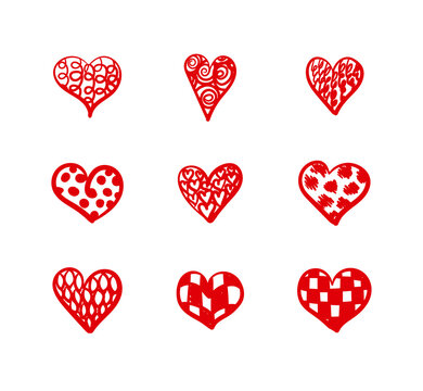 Vector Set of Doodle Cute Textured Hearts Isolated on White Background, Red Hand Drawn Icons Collection.