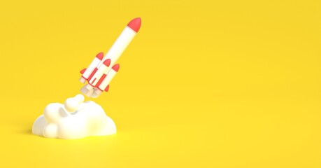 Rocket launch, Cartoon space ship on isolated background, Startup concept , 3D rendering.