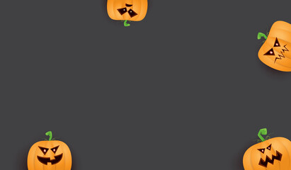 Halloween Horizontal web Banner or poster with Halloween scary pumpkins isolated on grunge grey wall background. Funky kids Halloween background with space for text and funny pumpkins