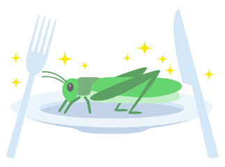 トノサマバッタが昆虫食としてお皿にのっているイラスト