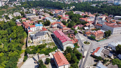 View of the bridge to the historic center. Cultural Landscape of Canyon. Houses and trees. Kamianets-Podilskyi. Ukraine. Europe
