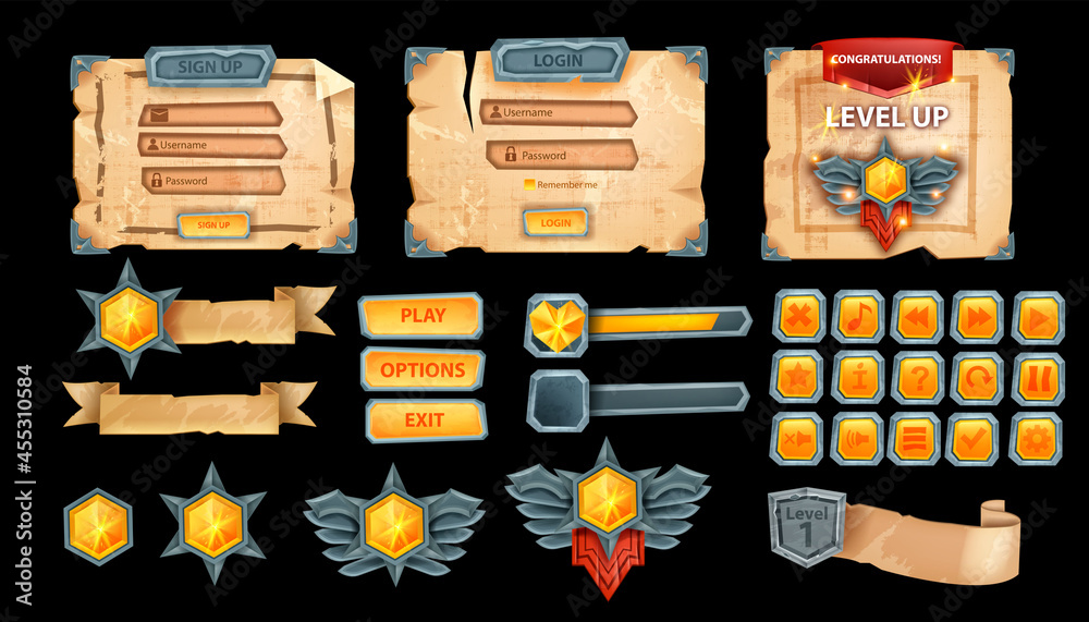 Wall mural ui game vector button design set, old parchment background menu kit, interface panel sign up window.