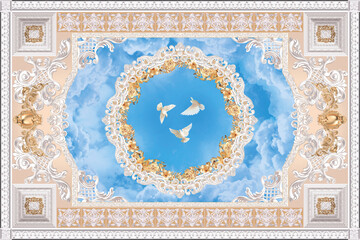 3-D ceiling painting in Baroque style with stucco ornaments, gold flowers and white pigeons in the blue sky.