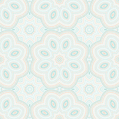 Arabian authentic floral vector seamless motif. Batik patchwork design. Modern majolica pattern. Ceramic decor design. Circles and lines elements texture.