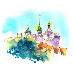 Watercolor sketch of Ducal Castle in Old Town in Szczecin, Pomerania, Poland - obrazy, fototapety, plakaty