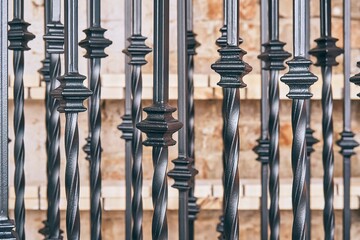 Welded metal balusters group dries after painting black color hanging near wooden wall in light...