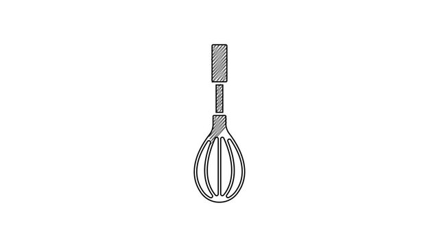 Black line Kitchen whisk icon isolated on white background. Cooking utensil, egg beater. Cutlery sign. Food mix symbol. 4K Video motion graphic animation