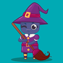 Cat witch with magic broom