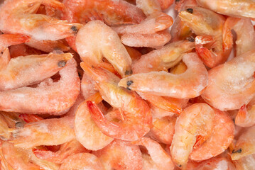 Fresh shrimps in ice. Top view.