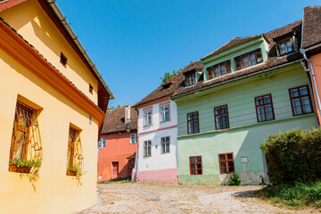 Colorful houses in the charming Sighisoara, Transylvania, Romania. 
