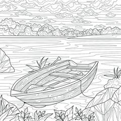 Boat on the lake.Coloring book antistress for children and adults. Illustration isolated on white background.Zen-tangle style. Hand draw
