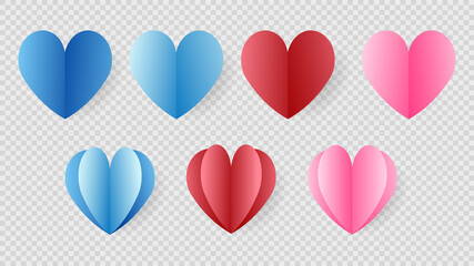 Heart is blue , red and pink color paper cut  isolated on transparent background ,  Flat Modern design , Illustration Vector  EPS 10