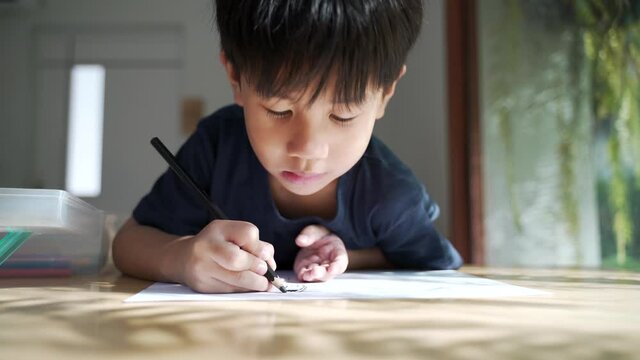 Asian boy about 5 years old doing his homework, drawing and painting pictures with color pencil