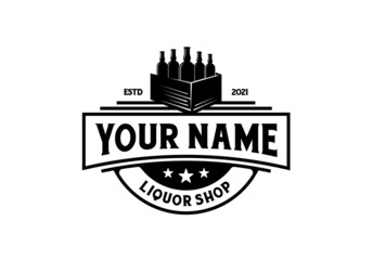 Bottle with a box. Vintage liquor bottle logo design template inspiration