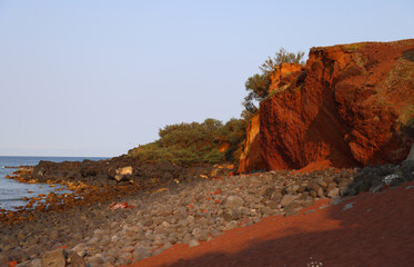 Sunset colors of the rocks of Barro Vermelho, Graciosa island, Azores