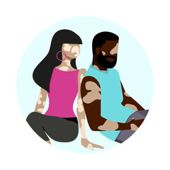 Obraz na płótnie Canvas Couple silhouette with vitiligo of different nationalities standing together. flat vector illustration.