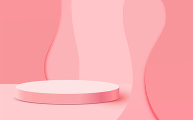 Abstract scene background. Cylinder podium on pink background. Product presentation, mock up, show cosmetic product, Podium, stage pedestal or platform.