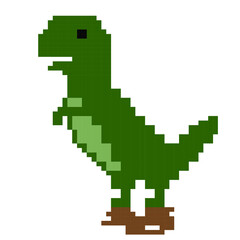 Fototapeta premium Pixel art background with dinosaur in natural landscape. Pixelated scene with caveman, green dragon, gold coin, against background of trees and clouds. Pixel-game 8 bit retro