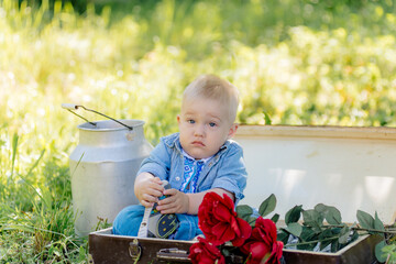 little child watering flowers
