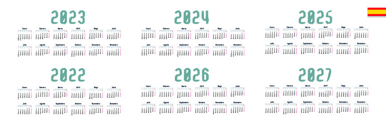 Spanish calendar 2022, 2023, 2024, 2025, 2026, 2027 on white background, week starts on Monday