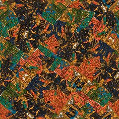 Fantasy graphic decorative ornament. National african vector seamless ornament. Fashion fabric print design. Freehand geometric ethnic tribal gypsy swatch. Cool doodle patchwork. Zig zag line triangle