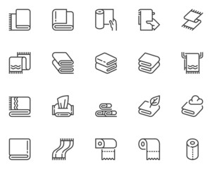 Set of Vector Line Icons Related to Towel. Paper Towel, Napkin, Wet Wipe. Editable Stroke. 48x48 Pixel Perfect.