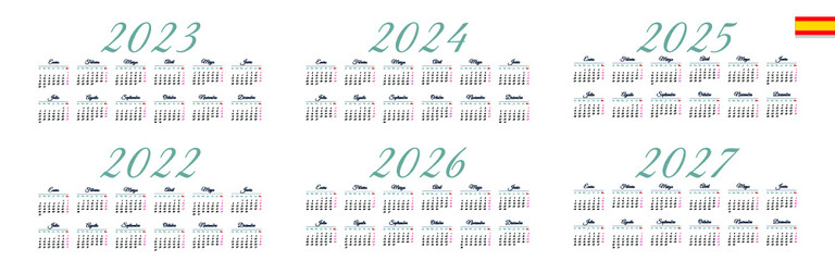 Spanish calendar 2022, 2023, 2024, 2025, 2026, 2027 on white background, week starts on Monday