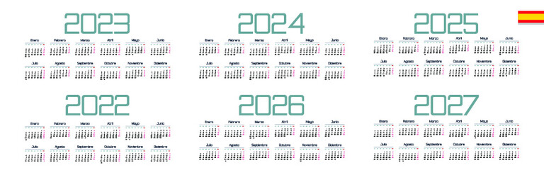 Spanish calendar 2022, 2023, 2024, 2025, 2026, 2027 on white background, week starts on Monday