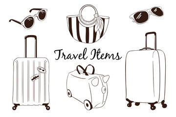 Hand Drawn Travel Luggage Collection. Suitcases, child suitcase, woman striped bag, sunglasses. Vector tourism attributes set for logo, stickers, prints, label design. Premium Vector