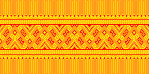Yellow Red Tribe or Native Seamless Pattern on Yellow Background in Symmetry Rhombus Geometric Bohemian Style for Clothing or Apparel,Embroidery,Fabric,Package Design
