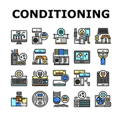 Conditioning System Electronics Icons Set Vector. Conditioning System Repair And Purification Service, Maintenance And Filtration, Installation And Replacement Line. Color Illustrations