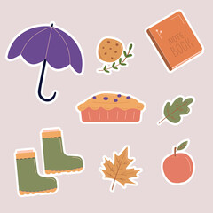 Set of vector hand drawn hygge stickers of autumn elements. Cozy autumn. Umbrella, cookie, berry pie, rubber boots.