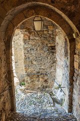 Diano Castello Medieval village. Alleys of the historic center. Imperia. Liguria. Italy.