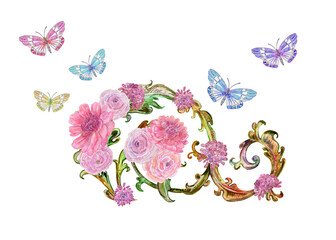 baroque composition with pink flowers and flying butterflies around. watercolor painting