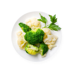 steamed broccoli with cauliflower on a white plate isolated on white background top view
