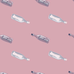 Pastel tones seamless pattern with hand drawn bottles with message print. Pink background. Simple style.